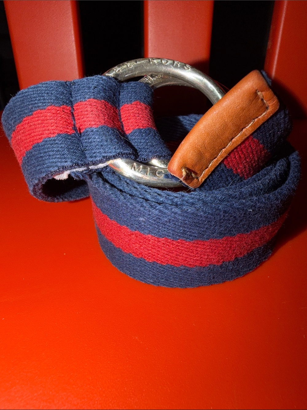 Michael Kors Navy and Red Striped Canvas Belt with Leather Trim